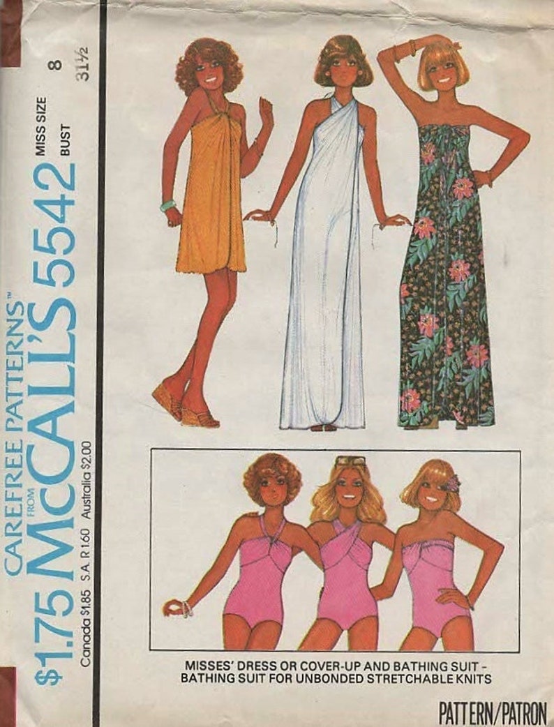 McCall's 5542 Bathing Suit & FRONT WRAP Cover-up Dress 1970s Size 8 image 1