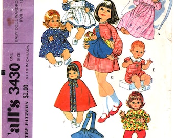 McCall's 3430 Baby Doll Wardrobe & Doll Carrier Size 14-16" Dolls ©1972