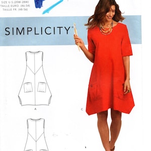 May include: A Simplicity sewing pattern, S8640, featuring a red dress with pockets. The pattern includes size information in U.S. sizes 20W-28W. The image also shows a woman wearing a similar red dress.