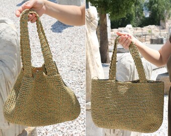 Two-Way Use Summer Handmade Women Shoulder Bag, Mother's Day Gift, Eco-Friendly Green Paper Yarn Casual Lightweight Crochet Tote, Women Gift