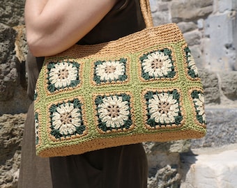 Green Summer Floral Crochet Paper Yarn Bag For Women, Handmade Stylish Shoulder Tote For Mom, Mother’s Day Gift, Women Gift, Granny Square