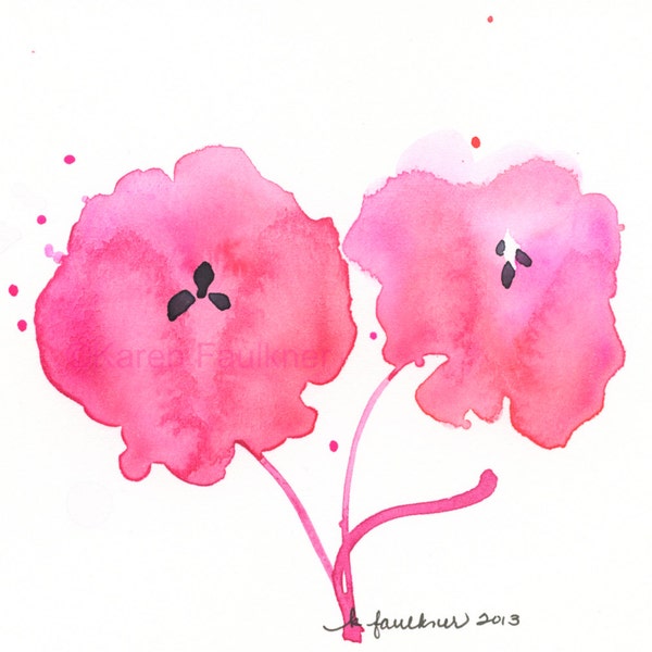 Imprimé de fleurs aquarelle de fleurs rose roses : « Deux fleurs »