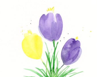 Original watercolor painting, "Purple and Yellow Crocuses"