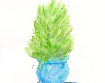 Original houseplant watercolor, "Spring Green Houseplant"