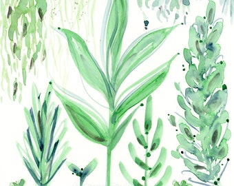 Original watercolor of plants, "Greenery"