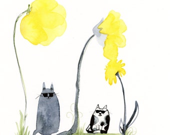 Original watercolor painting, "Yellow Flowers and Cats"