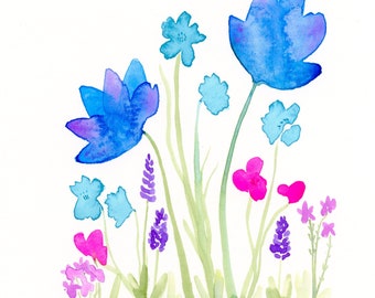 Original watercolor flower painting, "Butterfly Garden"