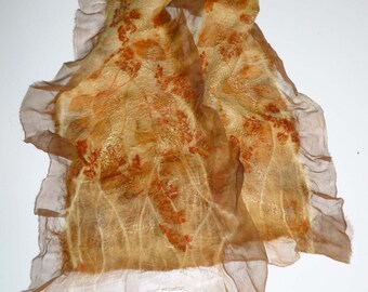 Nuno Felted Wool/Silk Scarf, Eco Print Dyed, Eucalyptus Leaves and Seed Pods, Tussah Silk