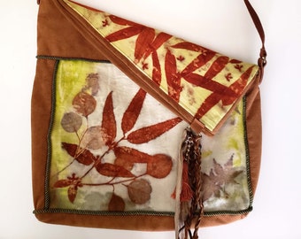 Eco Print Dyed Asymmetrical Crossbody Messenger Bag, Shoulder Bag, Eucalyptus, Botanically Dyed, Handmade
