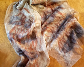 Nuno Felted Wool/Silk Scarf, Eco Print Dyed, Eucalyptus Leaves and Seed Pods, Tussah Silk