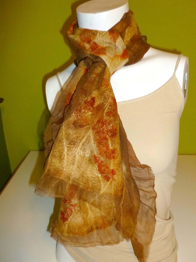 Nuno Felted Wool/Silk Scarf, Eco Print Dyed, Eucalyptus Leaves and Seed Pods, Tussah Silk image 3