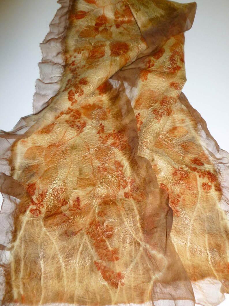 Nuno Felted Wool/Silk Scarf, Eco Print Dyed, Eucalyptus Leaves and Seed Pods, Tussah Silk image 2