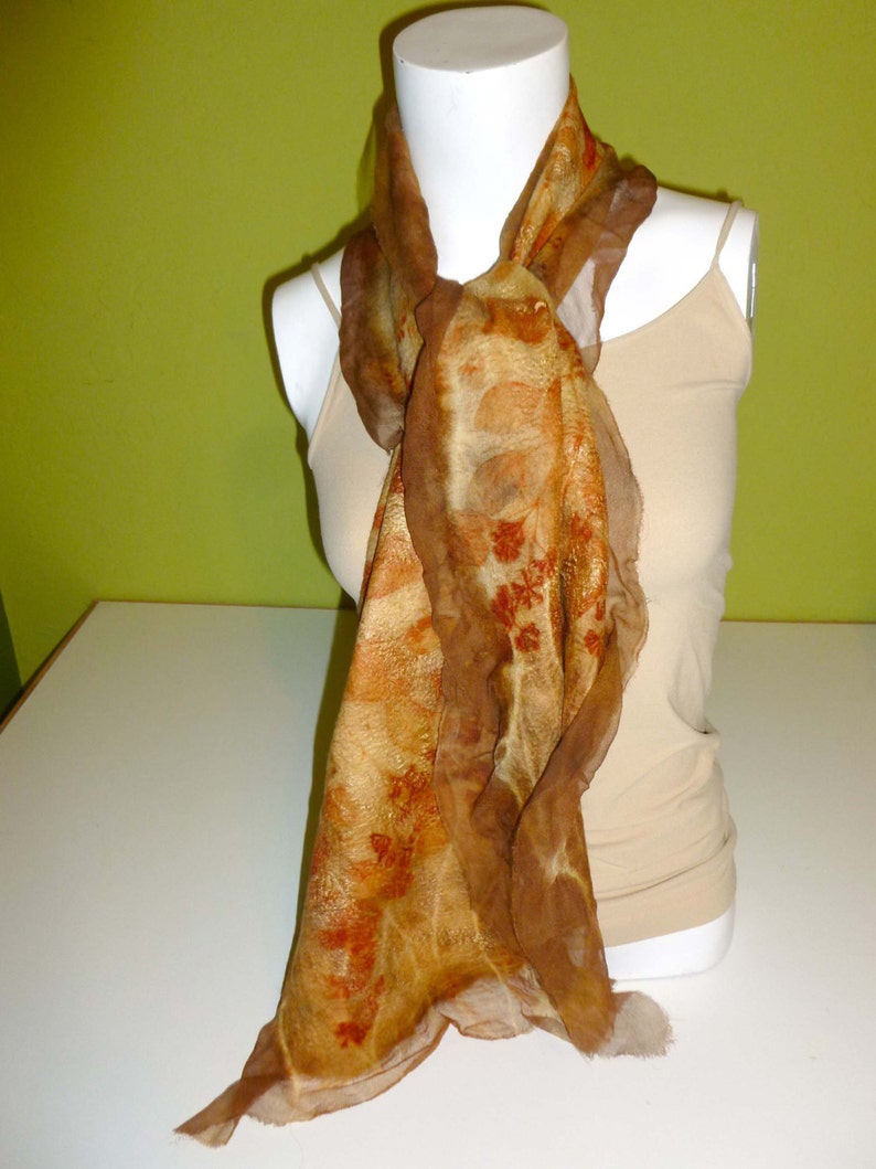 Nuno Felted Wool/Silk Scarf, Eco Print Dyed, Eucalyptus Leaves and Seed Pods, Tussah Silk image 5