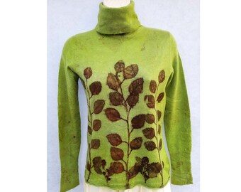 Cashmere V-Neck Sweater, Eco Print Dyed , Sz S