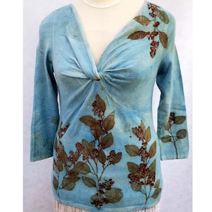 Cashmere V-Neck Sweater, Eco Print Dyed , Sz M