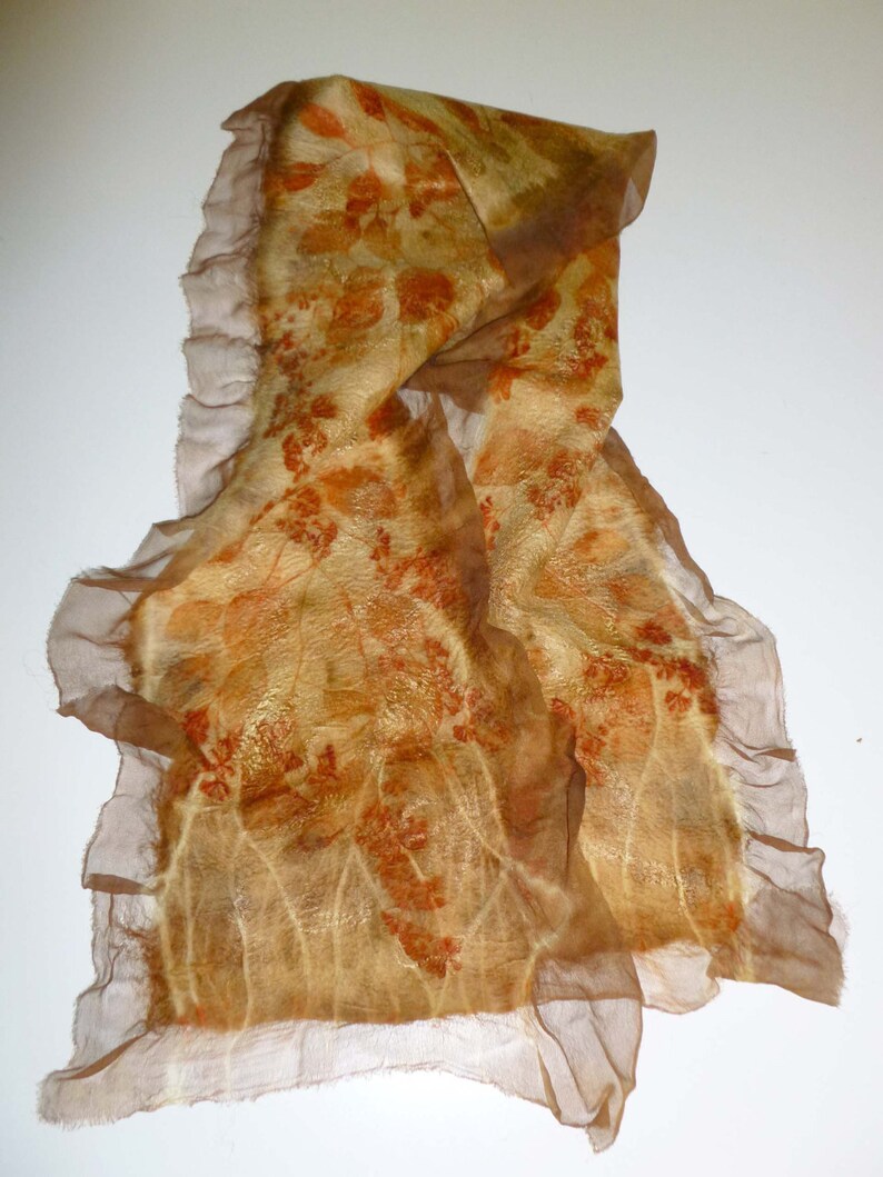 Nuno Felted Wool/Silk Scarf, Eco Print Dyed, Eucalyptus Leaves and Seed Pods, Tussah Silk image 1
