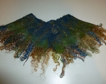 Wet Felted Neckwarmer, Cowl, Scarf, with Mohair Locks,  Green-Blue Tones
