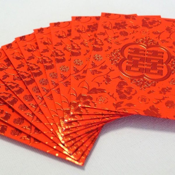 Red Metallic Embossed - Double Happiness - Chinese Wedding Cash Envelopes (Small 10 pcs)