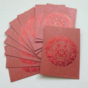 Double Bonheur - Enveloppes d’argent de mariage chinois floral (Rouge / Marron Petit 10 pcs)