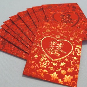 Rosso Metallizzato Goffrato - Doppia Felicità (Cuore) - Buste in contanti per matrimoni cinesi (piccole 10 pezzi)