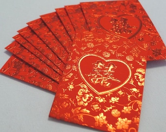 Red Metallic Embossed - Double Happiness (Heart)  - Chinese Wedding Cash Envelopes (Small 10 pcs)