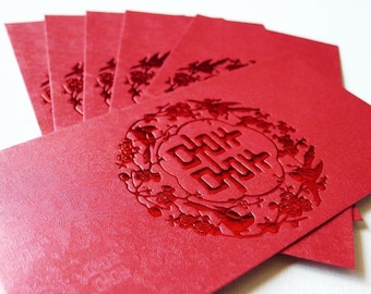 Double Happiness - bloemen Chinese bruiloft cash enveloppen (kastanjebruin/rood, groot 6 stuks)