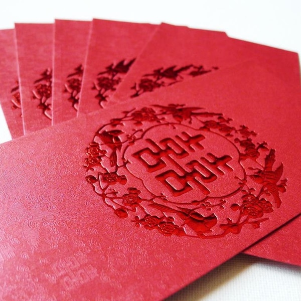 Double Happiness - Floral Chinese Wedding Cash Envelopes (Maroon/Red Large 6pcs)