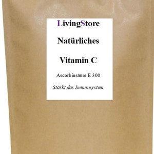 Könnte beinhalten: Ein brauner Papierbeutel mit einem weißen Etikett, auf dem "LivingStore Natürliches Vitamin C Ascorbinsäure E 300 Stärkt das Immunsystem" steht.