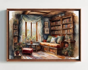 Cozy Reading Nook Watercolor Painting, Watercolor Print, Book Art, Bookstore Wall Art Gift, Bookshop Art, Book Gift, Book Wall Decor