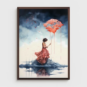 Woman On An Island Fantasy Watercolor Painting, Fantasy Art, Fantasia Style Art, Melting Cloud Art, Home Office Decor, Wall Decor, Wall Art