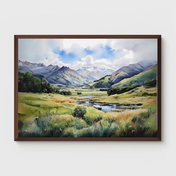 New Zealand Valley Watercolor Painting, Watercolor Print, Mountain Landscape, Meadow Art, Spring Art, New Zealand Painting, Nature Art