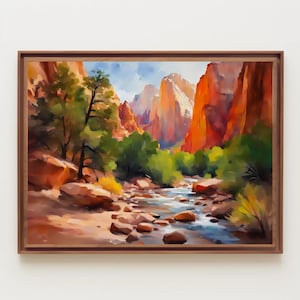 May include: A framed landscape painting depicts a river winding through a canyon. The artwork features vibrant colors, with red canyon walls, green trees, and a blue sky. The painting is encased in a brown wooden frame, enhancing its visual appeal.