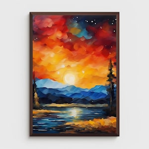 Twilight Watercolor Painting, Watercolor Print, Twilight Lake Landscape, Sunset Art, Nightscape, Starry Night Sky, Nature Art, Wall Art
