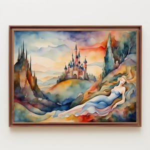 Lounging Figure on Hill with Castle Backdrop Watercolor Painting, Hillside Art, Castle, Princess, Kids Room Wall Decor, Nursery Wall Art