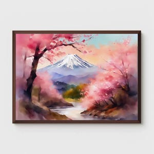 富士山の水彩画、日本の風景、桜、桜の木、日本の自然アート、アジアの水彩画、ピンクの花、壁アート