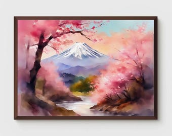 富士山の水彩画：日本の桜のアート（8x6インチ） - Etsy 日本