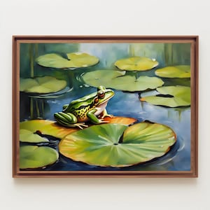 Green Frog on Lily Pad Watercolor Painting, Watercolor Print, Pond Landscape, Lotus Pond Art, Lake Art, Animal Art, Frog Art, Kids Room Art