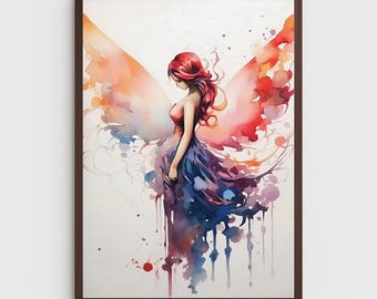 Fairy Fantasy Watercolor Painting, Fantasy Art, Fantasia Style Art, Fairy Art, Butterfly Art, Magic Art, Home Office Decor, Wall Decor