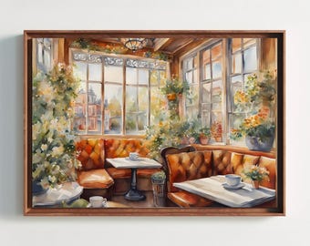 Spring-Themed Coffeehouse Watercolor Painting, Cafe Watercolor, Spring Cafe, Spring Painting, Coffee Watercolor, Art Print, Wall Decor