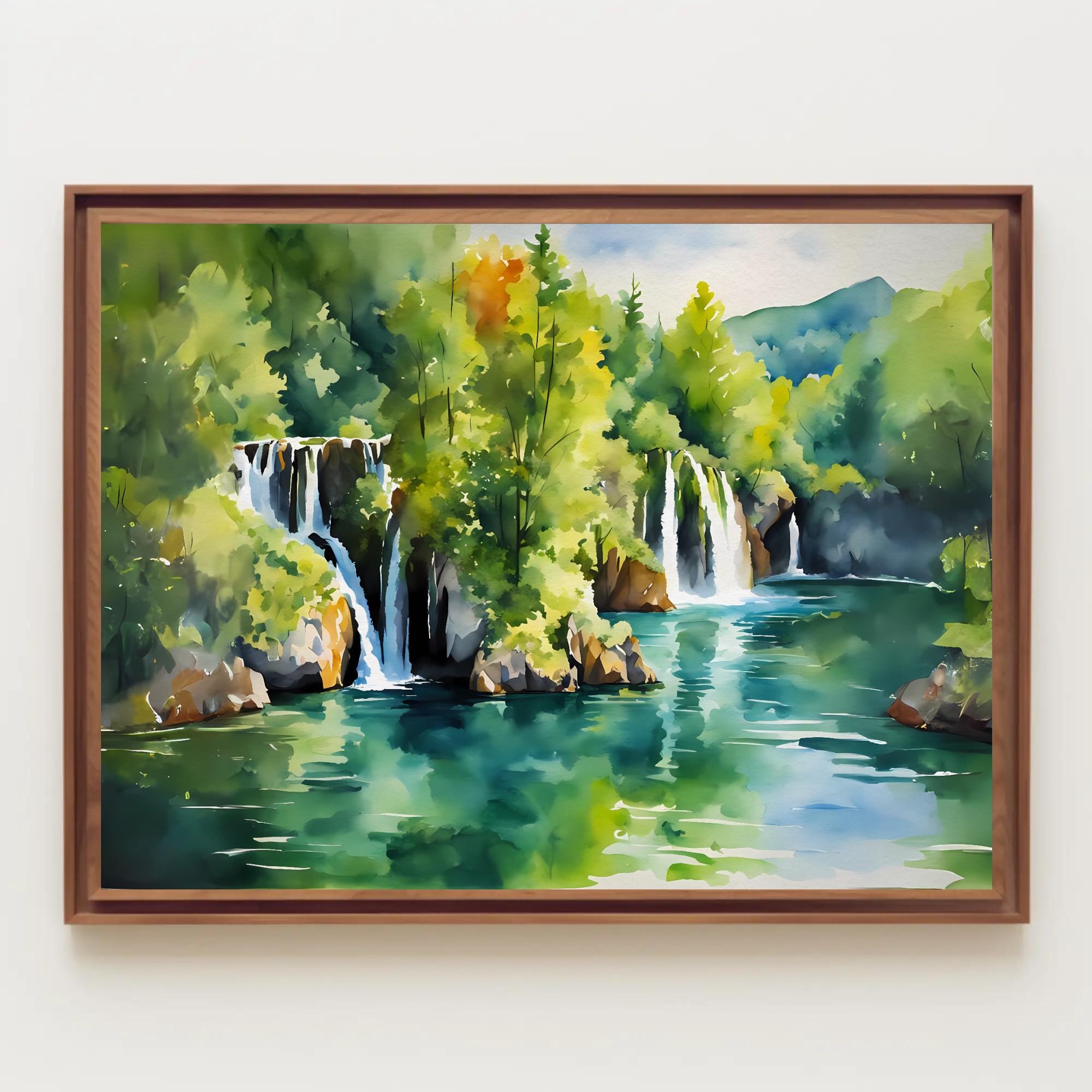 プリトヴィツェ湖群国立公園の水彩画、国立公園のアート、湖の風景、滝