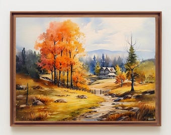 Farmland Fall Landscape Watercolor Painting, Autumn Landscape, Fall Foliage Art, Farmland Landscape, Autumn Leaves, Autumn Wall Art