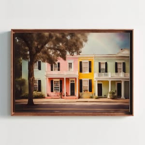 Vintage Rainbow Row Watercolor Painting, Charleston Art, Cityscape, South Carolina, Colorful House Landscape, Travel Art, Wall Art