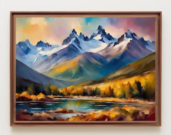 Patagonian Andes Watercolor Painting, Andes Mountains, Patagonia, Lake Art, Argentina Art, Chile Art, South America Art, Travel Art