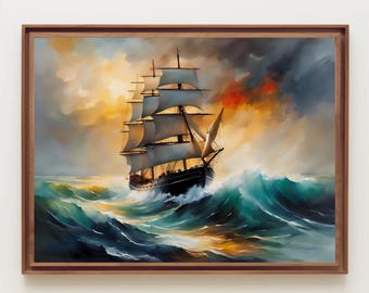 Ship Sailing In A Storm Watercolor Painting, Ship Art, Boat Art, Seascape, Ocean Art, Ocean Storm Art, Rough Ocean Waves, Marine Art