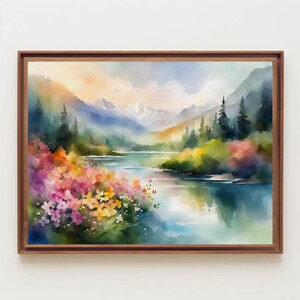Meadow Watercolor Painting, Mountain Landscape, Lake Landscape, Flower Field Art, Wildflowers Wall Art, Flower Art, Spring Art, Nature Art