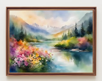 Meadow Watercolor Painting, Mountain Landscape, Lake Landscape, Flower Field Art, Wildflowers Wall Art, Flower Art, Spring Art, Nature Art