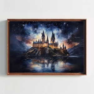 Magic School Watercolor Painting, Fantasy Castle,, Wizard, Witch, Warlock, Magic, Fantasy Art, Holiday Gift, Starry Night Sky, Wall Art