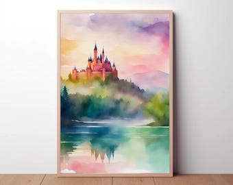Kasteel op een heuvel aquarel schilderij, aquarel print, kasteel, prinses, kinderkamer muur decor, kinderkamer kunst aan de muur, aquarel poster