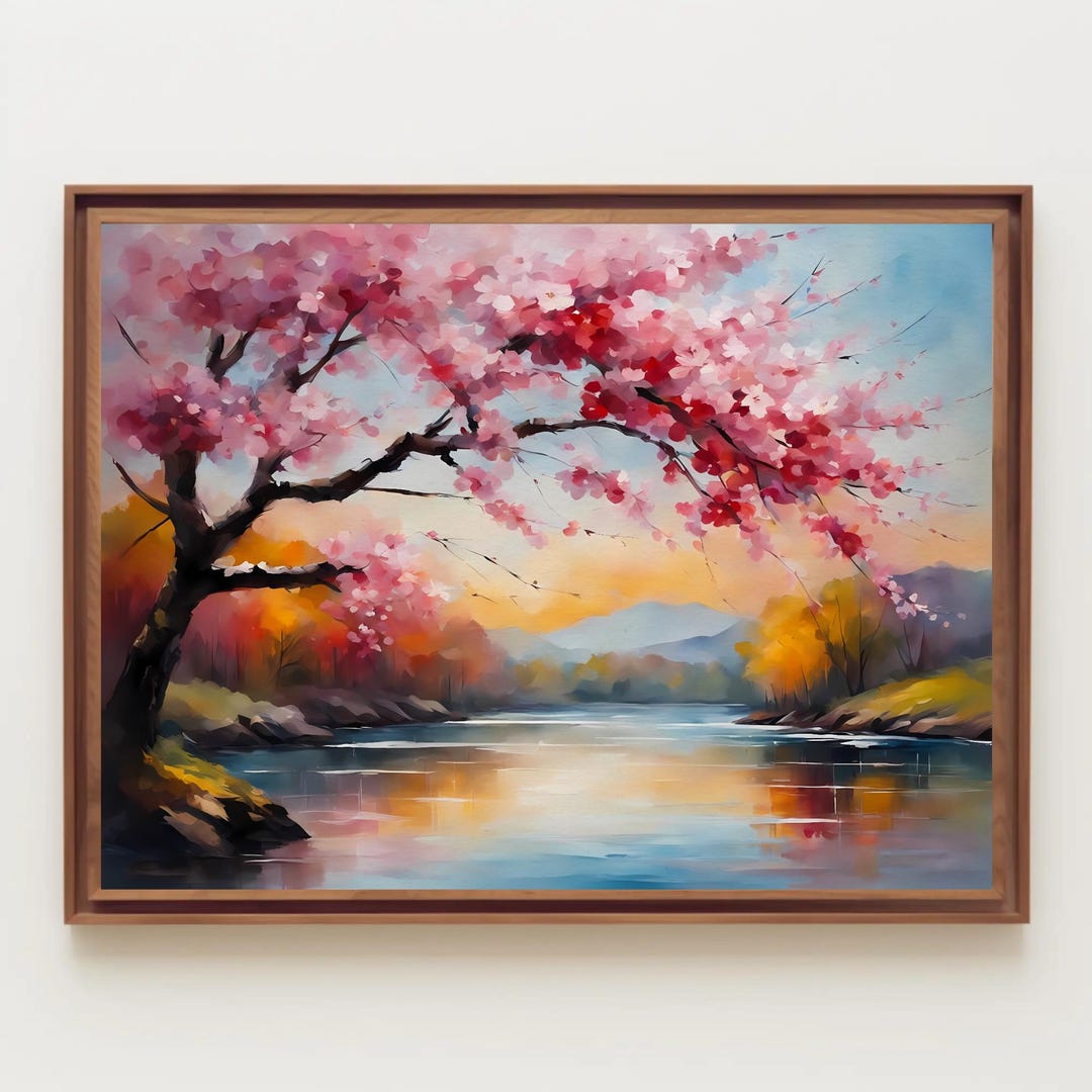 Cherry Blossom Tree by River Watercolor Painting, Spring Art, Water ...