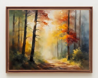 日の出の霧深い森の水彩画、水彩画プリント、森の風景、日の出の絵、日の出の風景、霧の森